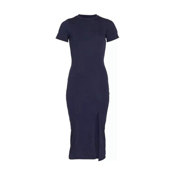 NSF Collins Ribbed Short Sleeve Crewneck Bodycon Midi Dress in Deep Sea Blue-XL - Picture 1 of 9